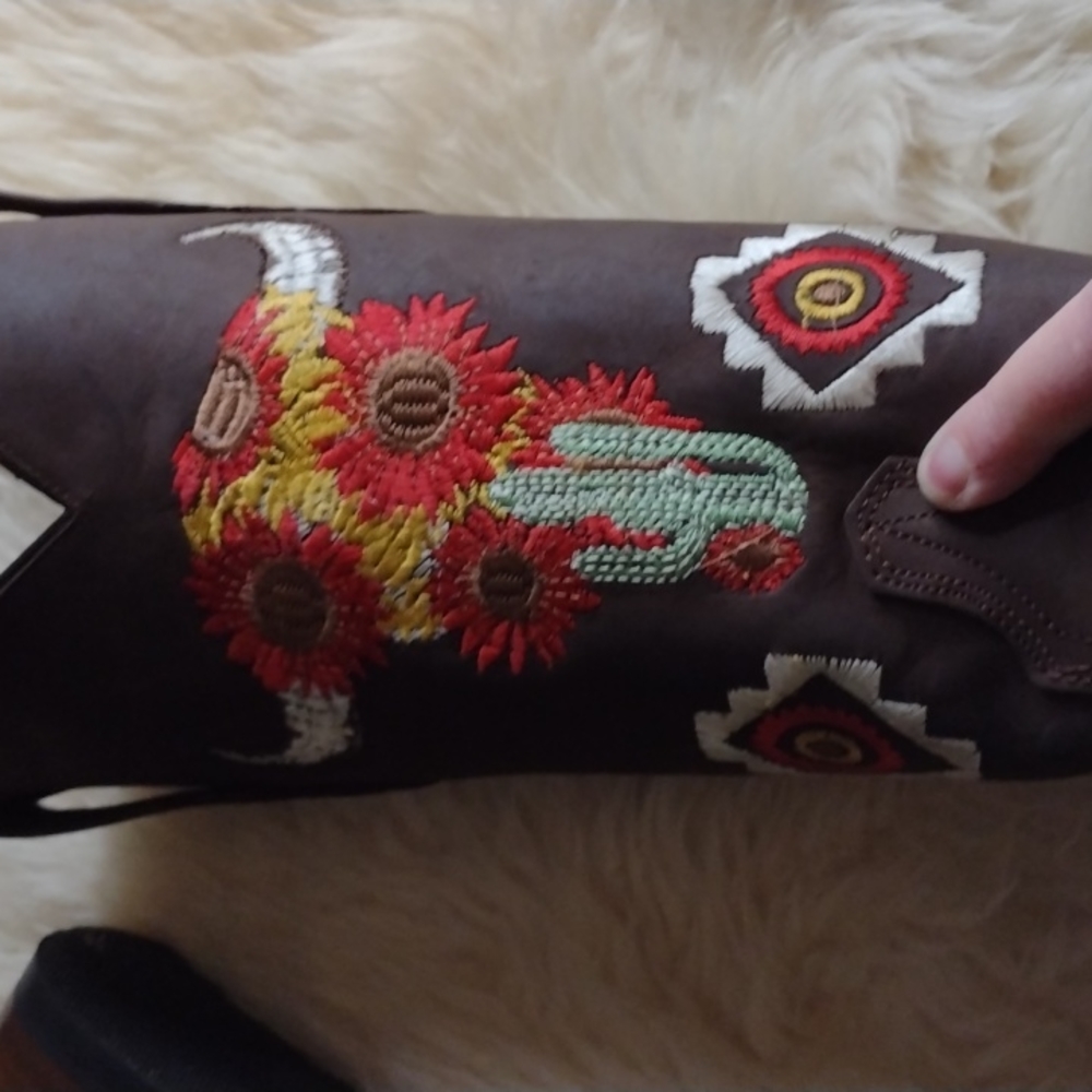 New Handmade Chocolate Brown Embroidered Cowhide Leather Square Toe Size 8.5 - Picture 6 of 12